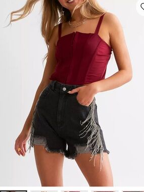 High-Rise Black Denim Shorts with Silver Fringe